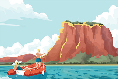 Charon boat flat graphic illustration island lagoon landscape sea summer vector