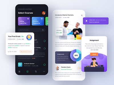 Courses Registration App. app card chart clean course dark details grade information list message mobile search study ui university upload