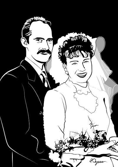 M & D Wedding Vector Art Portrait black and white digital illustration digitalart lineart moustache smile vector vector illustration vectorart wedding weddingdress