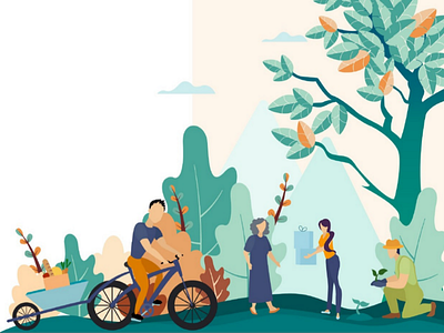 Ecological commerce bike bio delivery design ecological ecology farm farmers flat graphic green illustration natural nature people products tree vector