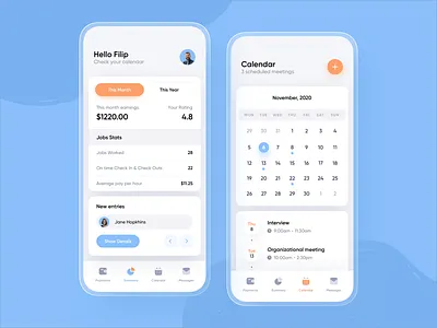 Job Dashboard Manager - Mobile calendar chart clean colors dashboard digital icons illustration job menu minimal mobile mobile app mobile design money round shadow shifts summary task