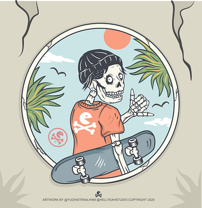 skull skater relax everything is gona be fine artwork beach brand design commission design art illustration illustrator shaka shaka hand skate skateboard skateboarding skater skating skull skull art skull badge skull design skulls vector