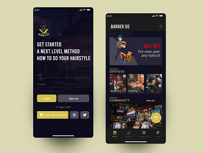 Barber go | Home screen app barber cards cart design home login splashscreen ui ux