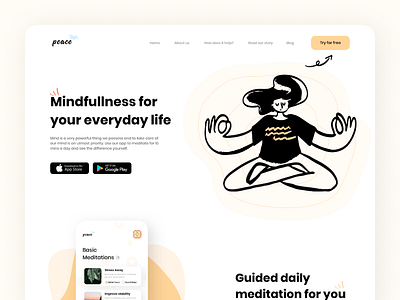 Meditation Website Design illustration landing page landing page design landing page ui meditation meditation app minimal orange popular trending graphics purple user experience ux website yellow