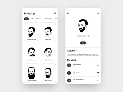 Podcast App Design - Podyapp app app design art black white branding clean creative design illustration logo minimal mobile app playlist podcast podcast app product design simple ui ux vector