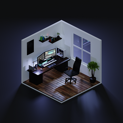 Isometric Home Office 2 - Night 3d blender illustration isometric lighting lights low poly lowpoly render