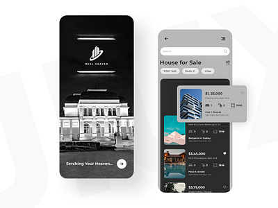 Real Estate Mobile app - Dark Mode #1 architechture architecture design black and white clean clean design construction creative design house mobile app design mobile app development company new trend properties realestate uidesign uiux