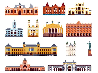 WOG Ukraine. Interactive map. Elements architecture buildings flat illustration simplistic vector