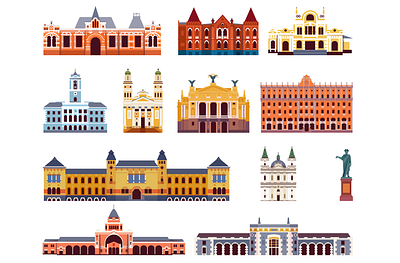 WOG Ukraine. Interactive map. Elements architecture buildings flat illustration simplistic vector