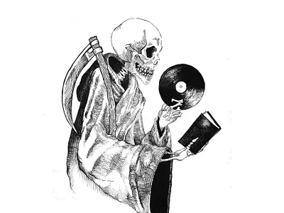 Vinyl Fantasy Record and Comic Shop Tote Bag Design dark art dark artist hand drawn illustration metal pen and ink
