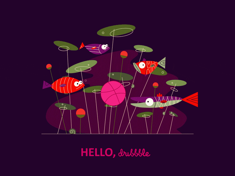 Hello, dribbble 2danimation first shot funny fish hello dribble motion design vector illustration