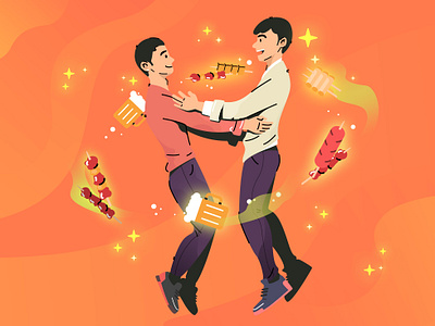 gay couple bbq bbq flyer beer cute gay social gaypride good season halo handsome happiness illustration lgbt orange smile stars summer