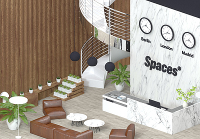 Office Center architecture chair cinema4d clocks coffee couch design interior isometric laptop loft office office space plant reception room stairs stairway table workspace