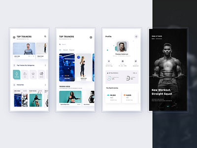 Fitness Mobile Application app design cuberto fireart studio fitness mobile app health innovative design minimal mobile mobile ui profile statistics trainee trainer ui uidesign uiux user interface design video player webdesign workouts