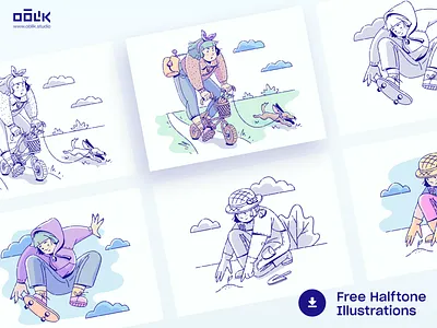 Free Halftone Illustrations bike biking coloring free freebie garden gardening girl halftone illustrations oblik oblik studio photoshop skateboard skateboarding