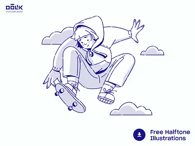 Free Halftone Illustrations 02 coloring girl halftone illustrations oblik oblik studio photoshop skateboard skateboarder skateboarding