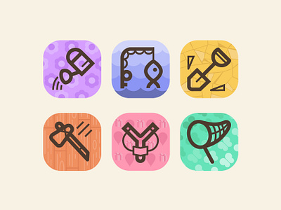 Tool Icons animal crossing axe fishing rod icon icons illustration net nintendo nook pattern shovel slingshot vector watering can