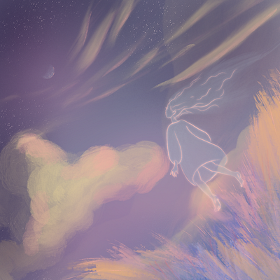 Satellite Spirit blue character clouds cute fantasy field illustration magic moon moonset night nightlife nightsky pink procreate purple sky spirit stars twilight