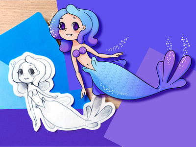 Blue Mermaid - Children illustration adobe characterdesign characters children childrens book color cute girl illustration illustrator kawaii manga pantone sfumature shades sketch sparkle sparkling vector violet