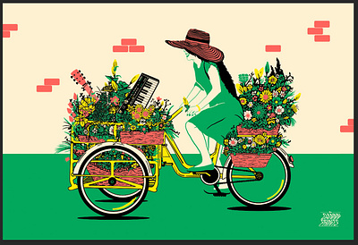 The florist bicycle digital painting flowers illustration risograph