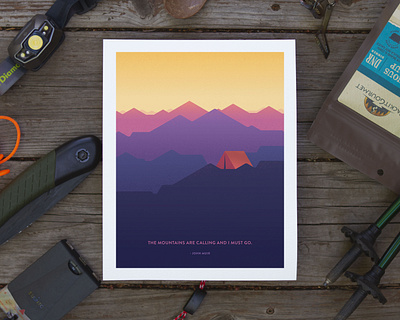 Mountains Are Calling Poster backapcking camping design illustration john muir mountains poster quote skyline tent vector