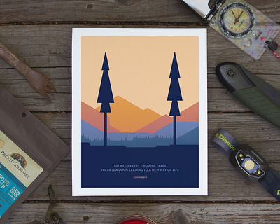 Between Two Pines backpacking camping design illustration john muir mountains poster quote trees vector