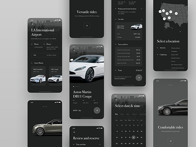 Car Rental App app calendar car checkout clean dailyui dailyui 023 dailyuichallenge dark ui elegant flow ios iphone luxury mobile onboarding product rental ui ux