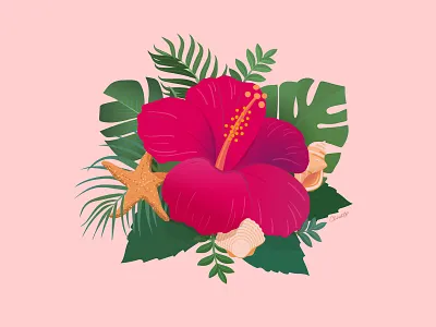 hibiscus chris Cerrato illustration adobe illustrator art artist artwork flower hibiscus illustration palm palm leaves seashell starfish tropical