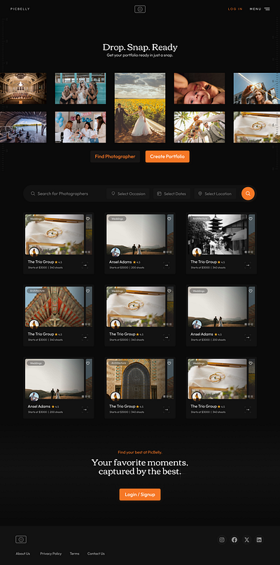 PicBelly: Website Design: Landing Page animation design homepage landing page landingpage photographer photography portfolio search travel ui uiux website wedding