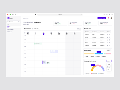 Lead Generation SaaS Dashboard calendar dashboard lead lead generation product design saas ui design