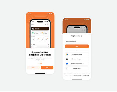 Furnio | Onboarding & Register Mobile App branding ecommerce furniture illustration mobile app mockup on boarding orange register shopify sign in sign up ui user interfaces