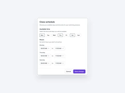 A swimming class schedule days figma modal schedule swimming academy time time management uiux weeks