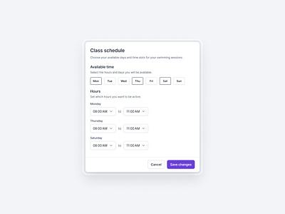 A swimming class schedule days figma modal schedule swimming academy time time management uiux weeks