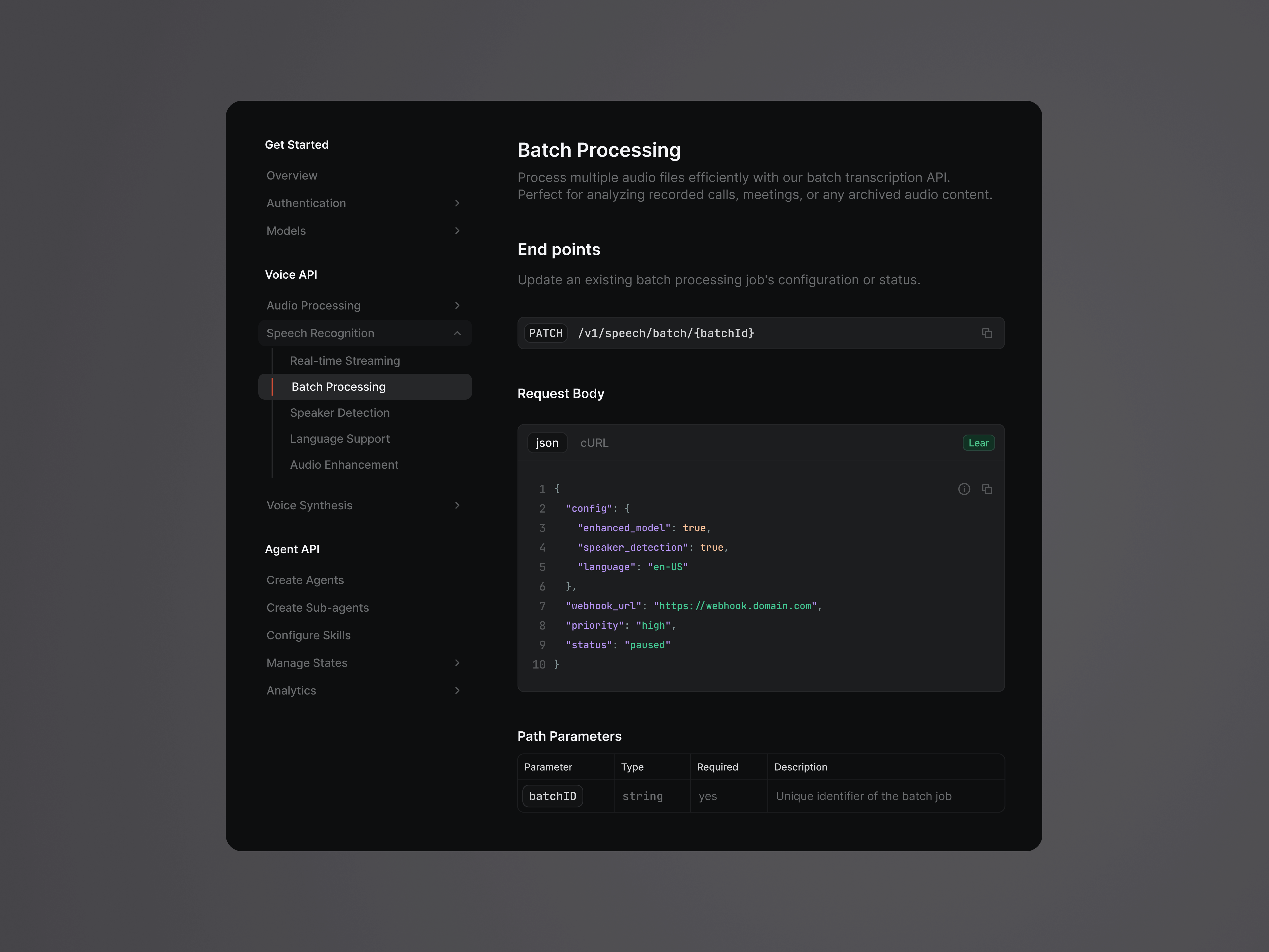 Luminar: API Docs ai ai agent api artficial inteligence artificial inteligence balasinski code dark design system docs documentation llm method orchestrator product design ui voice voice ai