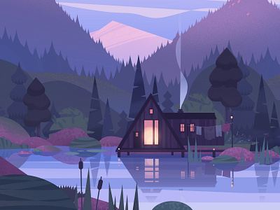 Cozy hut forest illustration lake landscape mountains nature travel