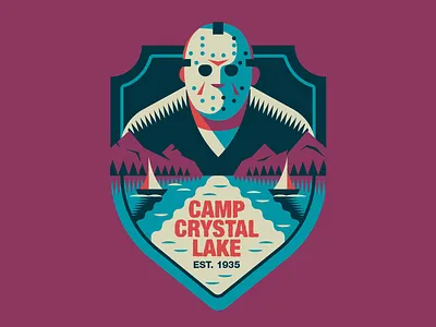 CAMP CRYSTAL LAKE badge 80s art badgedesign flat flat illustration friday 13th graphic design halloween horror movie illustration retro vector