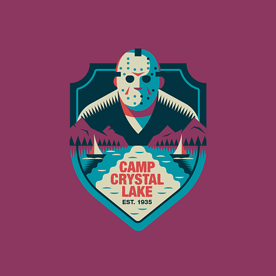 CAMP CRYSTAL LAKE badge 80s art badgedesign flat flat illustration friday 13th graphic design halloween horror movie illustration retro vector