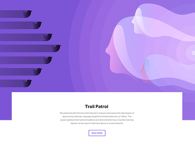 AI For Good - Troll Patrol - Illustration artificial intelligence bird black blue branding digital illustration diversity face feminism illustration inclusivity protection purple troll twitter website