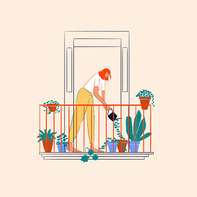 Balcony gardener balcony botanic character design digital flower garden hair illustration person plants relax texture