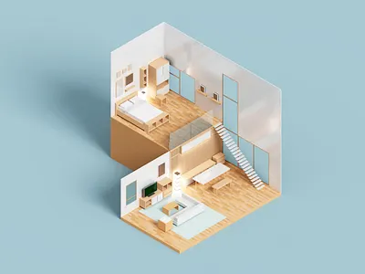 Loft 3d architecture house illustration interior isometric minimal voxel