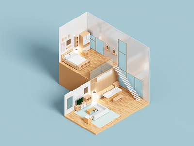 Loft 3d architecture house illustration interior isometric minimal voxel