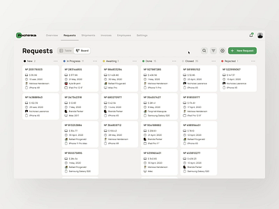 Interactions on Requests Page • Table & Board animation board cards crm customizable drag draggable loading animation microanimation microinteractions product design properties request requests skeletons switcher table task manager web design