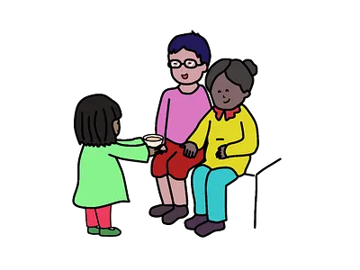 Kid serving tea to its pregnant parent kid