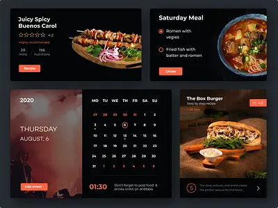 Food and Drinks UI Kit (Part 2) animation black branding branding design calendar clean colors dark theme food food delivery illustration interaction interface layout prototype sarvottam typography ui