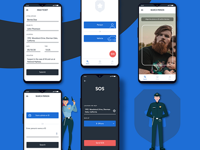 Make Law Enforcement Go Mobile - Protothon adobexd app design blue blue and white clean crime design hackathon illustration law law enforcement minimal mobile mobile app police officer policeman protothon prototype sos