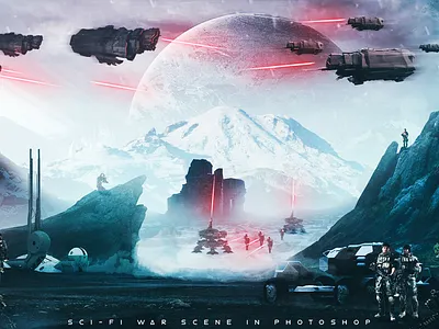 Sci-Fi War Scene adobe cold design exoplanet futuristic lasers lighting manipulation new photoshop renders sci fi ships starwars war winter world