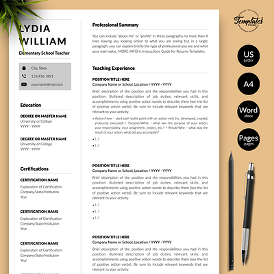 Teacher Resume for Word & Pages “Lydia William” 1 page resume 2 page resume basic resume cv for teacher cv format teacher cv word teacher elementary school minimalist resume modern cv teacher resume for teacher resume for word resume teacher example resume template resume with cover resume word teacher simple resume teacher resume teacher resume design teacher resume word teaching resume