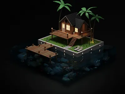 Night in Private Island 3dmodeling artdirection blender blender 3d house illustration isometric low poly lowpoly