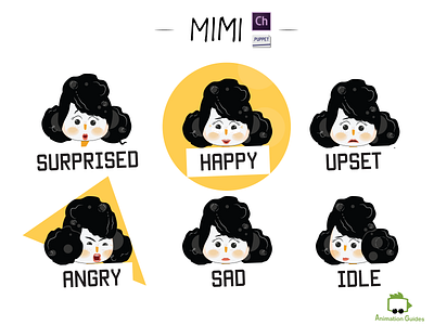 Mimi - Facial Expressions 2d ai angry character character animator character design emotions expressions faces facial expressions flat girl happy heads illustration motion capture puppet sad vector woman