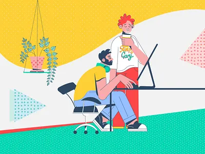 Coworking 2 2d after effects animation art ball character character animation coffee computer cowork developer hand illustration motion office plant sleeping sound design texture yellow